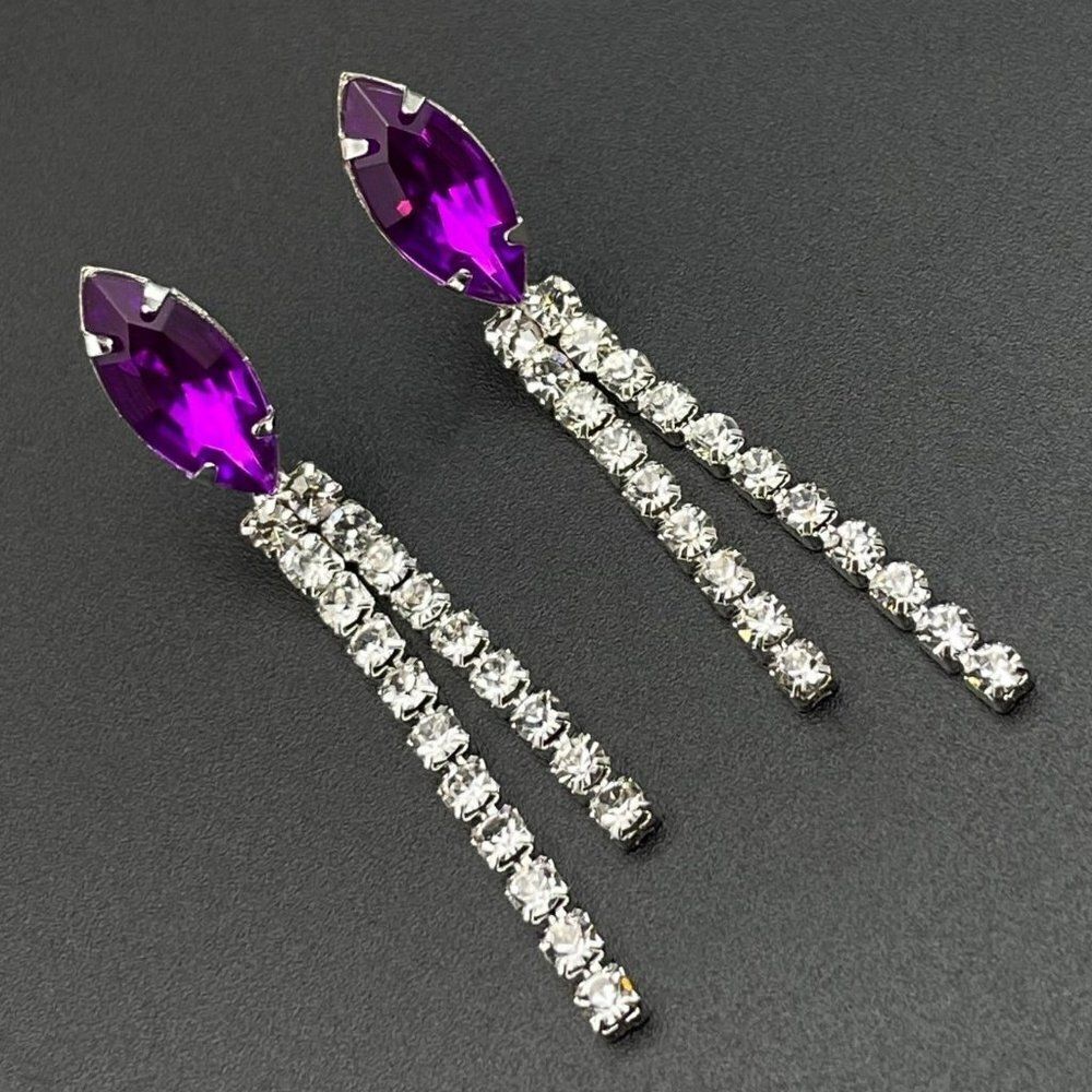 Silver with Purple Amethyst and White Diamond Crystal Dangling Post Earrings